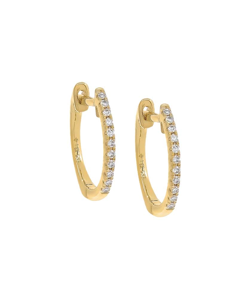 Front of a size 12 MM Diamond Huggie Earring 14K Gold 12 MM Pair in 14K Gold by By Adina Eden. | dia_product_style_image_id:292402